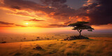 Fototapeta Big Ben - African savannah view at sunset. Generative AI