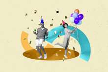 Composite Collage Image Of Excited Youth People Young Man Female Dancing Party Discotheque Hold Air Balloons Have Fun Celebrate Birthday