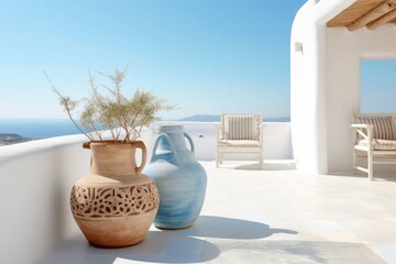 Luxurious Mediterranean Living Room with a Close-Up of Deck Chairs on a Sunny Balcony Overlooking the Sea.