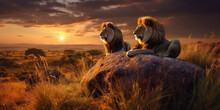 Wild Lions In The African Savannah At Sunset. Generative AI