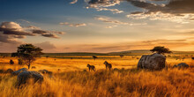 Wild Lions In The African Savannah At Sunset. Generative AI
