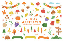 秋のラフでシンプルなイラストセット　飾り　装飾　モミジ　紅葉　食べ物　かぼちゃ　りんご　リボン　葉
