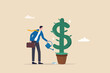 © Nuthawut - Dividends yield investment, growing profit or stock market earning return, increase money or wealth, success investing, income growth concept, businessman investor watering growth dollar money plant.