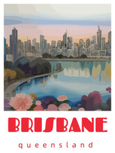 Brisbane: Retro Tourism Poster With A Australian Landscape And The Headline Brisbane / Queensland