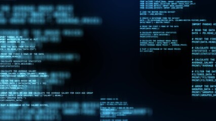 abstract computer code running in a virtual space.programming code with on dark blue background, sea