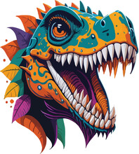 Colorful Dinosaur Face Vibrant Bold Vivid Colors T-shirt Design Vector Illustrations. Neon Dino Gaze