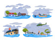 Flooding area rescuers helping to move people out disaster damage set vector flat illustration