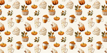 Autumn Seamless Pattern With Drinks And Desserts. Home Decor, Textile Design, Wrapping Paper, Stationery, Scrapbooking, Digital Wallpapers, Website Backgrounds. Vector Illustration.