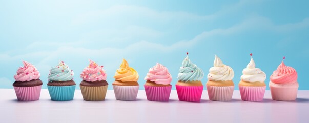 Birthday cupcake on pastel background for celebration, panorama. Generative Ai.