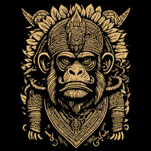 Brown Silhouette Of Monkey In Ancient Aztec Style Isolated On Black Background. Print For T-shirt. Clipart.