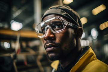 Focused african american worker man portret technological industrial complex factory production line face safety measures eyewear manufacturing mechanical scientific close-up employee concentration