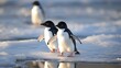 Cute little penguins as they waddle gracefully on the glistening ice, their chubby bodies and flapping wings filling the air with joy. Generated by AI.