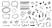 Sketch Line Arrow Element, Star, Heart Shape. Hand Drawn Doodle Sketch Style Circle, Cloud Speech Bubble Grunge Element Set. Arrow, Star, Heart Brush Decoration. Vector Illustration