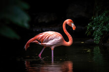 Close-up Of Pink Flamingo Bird With Pink Feathers On Dark Lake Background. Natural Beautiful Wallpaper With Unusual Bird. Generative AI Professional Photo Imitation.