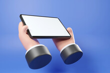 3D cartoon hand with black wrist holding black tablet with white screen on blue background ,3D rendering hand grab phone with empty screen ,Business man holding digital device 