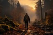 A Tapestry of Light and Serenity: Tracing the Steps of a Hiker, Embraced by a Golden Forest from Behind Generative AI