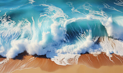 Wall Mural - Beautiful sea turquoise waves with foam running on the sandy shore.