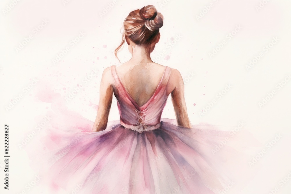 watercolor drawing, a ballerina in a pink dress stands with her back ...