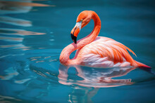 Close-up Of Pink Flamingo Bird With Pink Feathers On Bright Blue Water Lake Background. Natural Beautiful Wallpaper With Unusual Bird. Generative AI Professional Photo Imitation.