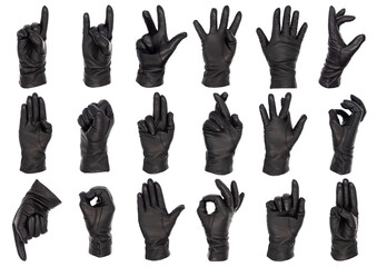 Hands wearing black leather gloves making a range of different signs and gestures isolated as a transparency