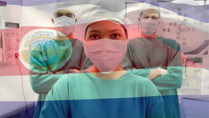 Sticker - Animation of waving costa rica over portrait of team of diverse surgeons at hospital