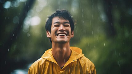 Image of positive young korean man smiling during rain in tropical forest. Cheerful male enjoying the rain outdoors.