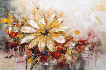 Wall Mural - Abstract floral oil painting. Gold and yellow daisy on white with red background