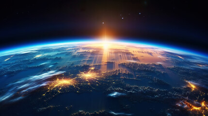 Wall Mural - panoramic view on planet earth globe from space. glowing city lights, light clouds. generative ai