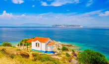 Sea Coast And Old Church Near Limenas, Thassos Island, Greece, Europe