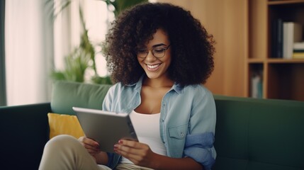 Happy black mixed race African black young woman in glasses with perfect smile sitting on sofa holding using tablet device reading e book, surfing social media dating apps in apartment, generative ai