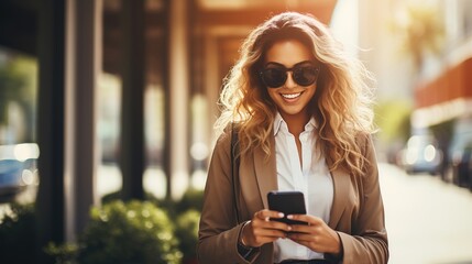 Happy business woman reading a text message on her phone while commuting to work in the city, generative ai