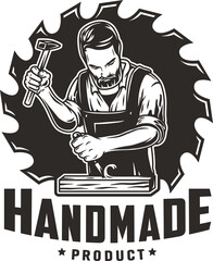 Sticker - Bearded carpenter for logo of carpentry or wood carving. Woodworker with chisel in his hands for design of workshop or woodworking