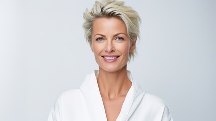 Wall Mural - Headshot of happy smiling gorgeous middle aged woman in white bathrobe at spa salon hotel looking away. Advertising of bodycare spa procedures antiage recreation treatment concept, generative ai