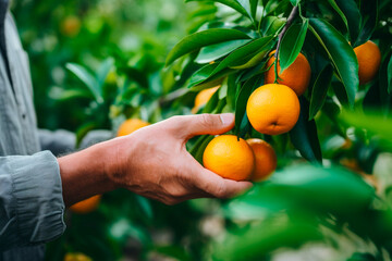 Wall Mural - Old farmer male hands picking juicy tasty oranges from a tree in the garden at sunset, harvesting on a sunny day, generative ai