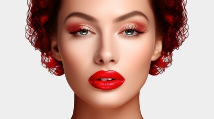 Wall Mural - Woman, red lipstick and beauty makeup in cosmetics or skincare Face of female person or model with facial product or color in confidence, self love or care, at white background, generative ai