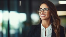 Young Happy Cheerful Professional Business Woman, Happy Laughing Female Office Worker Wearing Glasses Looking Away At Copy Space Advertising Job Opportunities Or Good Business Services, Generative Ai