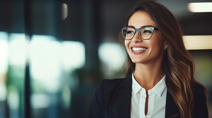 young happy cheerful professional business woman, happy laughing female office worker wearing glasse