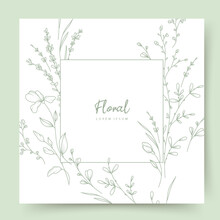 Floral Frame With Hand Drawn Delicate Flowers, Branches And Leaves In Line Art Style. Elegant Greeting Card Template. Vector Illustration For Label, Corporate Identity, Wedding Invitation
