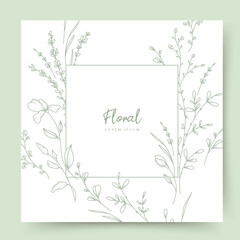 Wall Mural - Floral frame with hand drawn delicate flowers, branches and leaves in line art style. Elegant greeting card template. Vector illustration for label, corporate identity, wedding invitation