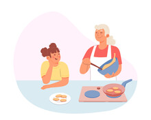 Families Cooking In Kitchen. Old Lady And Her Granddaughter Preparing Cookies. Grandparent Teaching Grandchild Kitchen Skills. Cooking Tasty Food Together. Flat Vector Illustration In Warm Colors