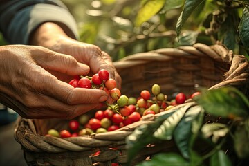 Wall Mural - Agriculture picking coffee berries, Farmer's hand picking Arabica coffee berries or Robusta berries by the hands. Vietnam. Generative Ai