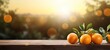 Harvest Food fruits photography background - Closeup of fresh ripe oranges with leaves, on wooden table, with blurred landscape of an orange plantation (Generative Ai)