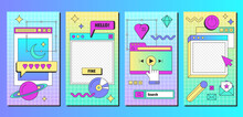 Retro linear vaporwave post and banners template in y2k style. Set of vintage social media ig posts and stories with aesthetic user interface elements. Old computer windows vector flat illustration.