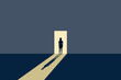 lonely girl stands in front of an open door in shining light vector illustration EPS10