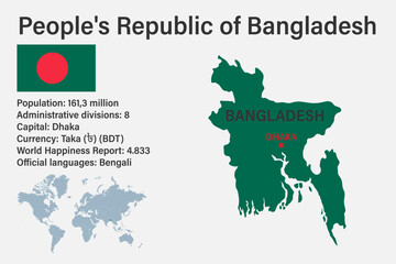  Highly detailed Bangladesh map with flag, capital and small map of the world