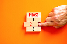 Time To Phase 2 Symbol. Concept Word Phase 1 2 3 On Wooden Block. Businessman Hand. Beautiful Orange Table Orange Background. Business Planning And Time To Phase 2 Concept. Copy Space.