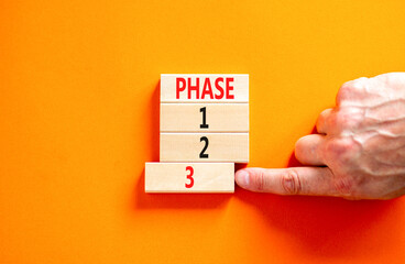 Wall Mural - Time to phase 3 symbol. Concept word Phase 1 2 3 on wooden block. Businessman hand. Beautiful orange table orange background. Business planning and time to phase 3 concept. Copy space.