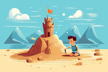 child play on the beach with sand castle illustration Generative AI