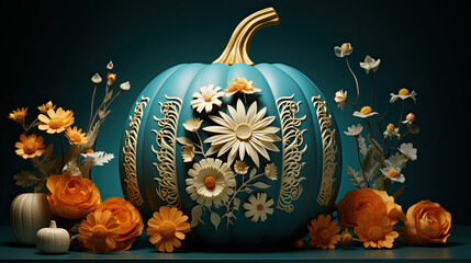 3d paper cut of pumpkin with autumn flowers 