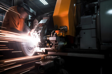 Wall Mural - Artistic motion blur photograph of a factory worker operating heavy machinery, capturing the movement and energy in the manufacturing process. Generative AI